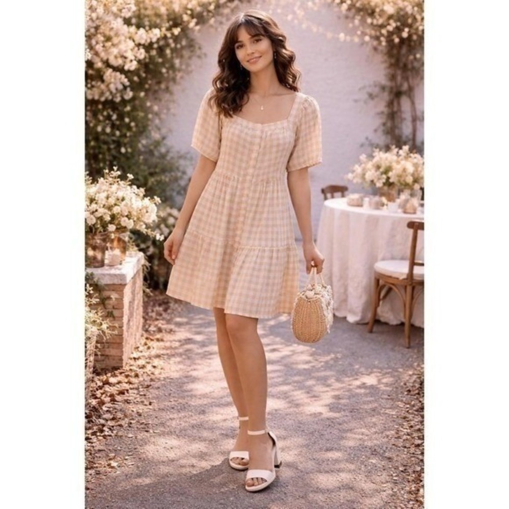 En Saison Wedding Twee Summer Babydoll Square Neck Puff Sleeve Plaid L Dress